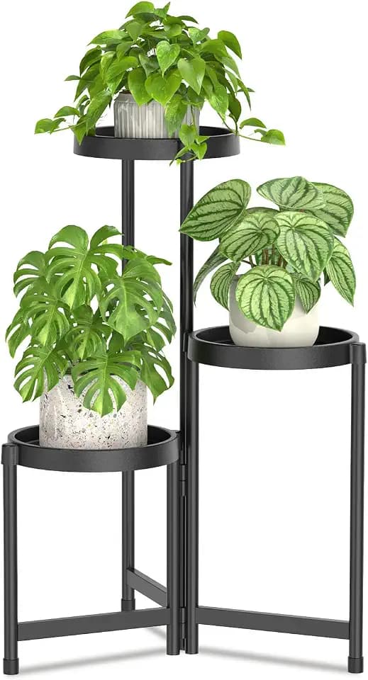 LASZOLA Plant Stand Indoor Outdoor Tall with Plastic Tray, 3 Tiers Black