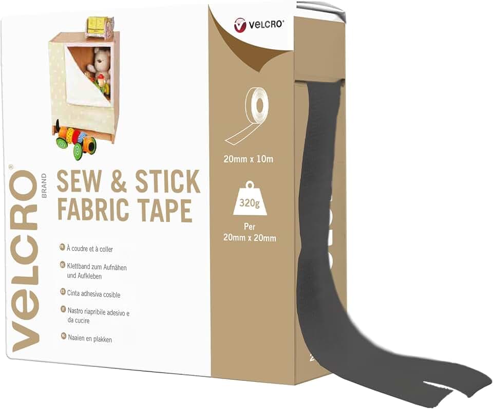 VELCRO Marke | Selbstklebendes Stoffband | Vielseitig einsetzbares aufnähbares Haken- und Schleifen-Gewebe mit klebrigem Rücken - Perfekte Lösung für Kleidungsreparaturen | Schwarz | 20mm x 10m