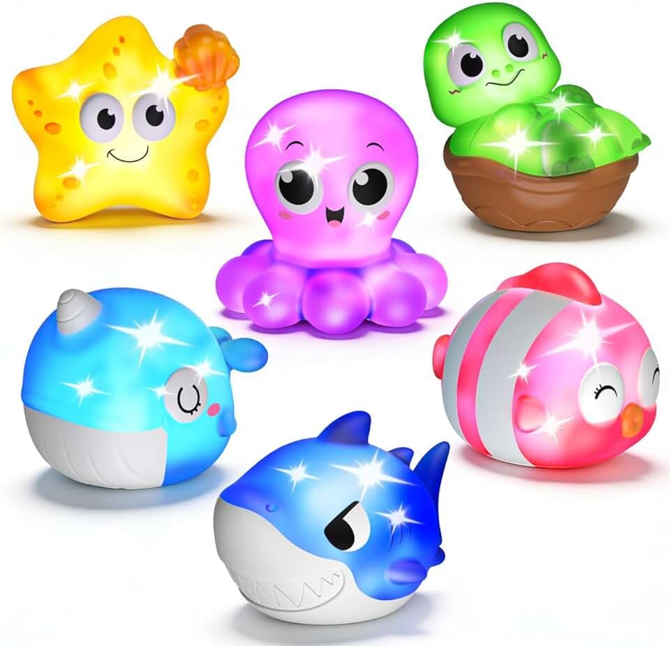 6 Packs Light Up Bath Toys for Kids Ages 1-3, Sea Animals Baby Bathtub Toys