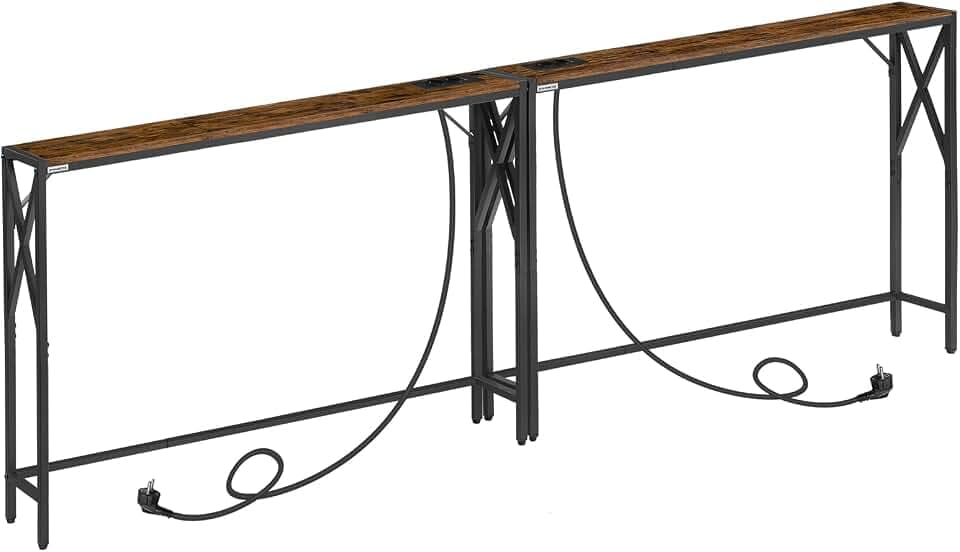 MAHANCRIS Konsolentisch mit Ladestation, Eingangstisch, Schmaler Konsolentisch, Flurtisch, Ausstellungstisch, Beistelltisch für Wohnzimmer, Flur, Vintagebraun und Schwarz ACTHR151UE01S2V