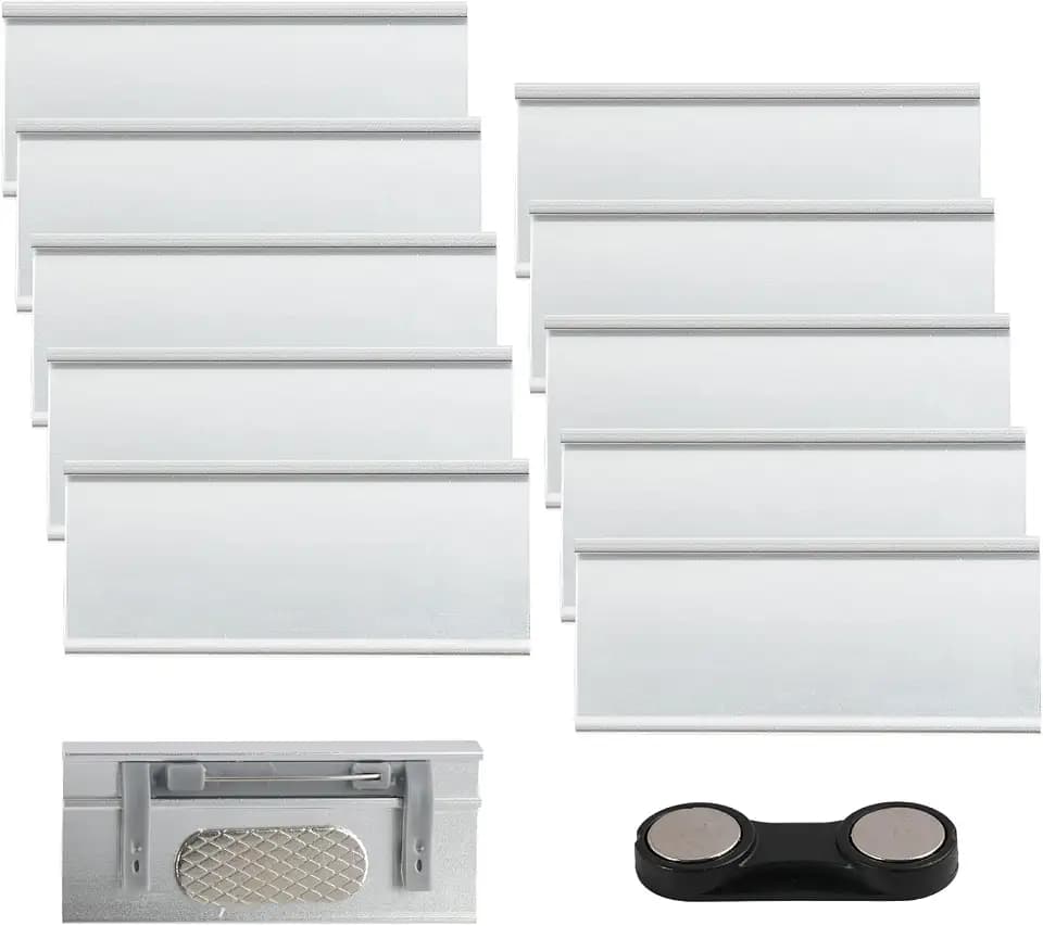 10 Stück Magnetische Namensschilder für Kleidung, Aluminium Namensschilder mit Sicherheitsnadel und Taschenclip, 72 x 35 mm, Ideal für Konferenzen, Arbeit und Restaurant