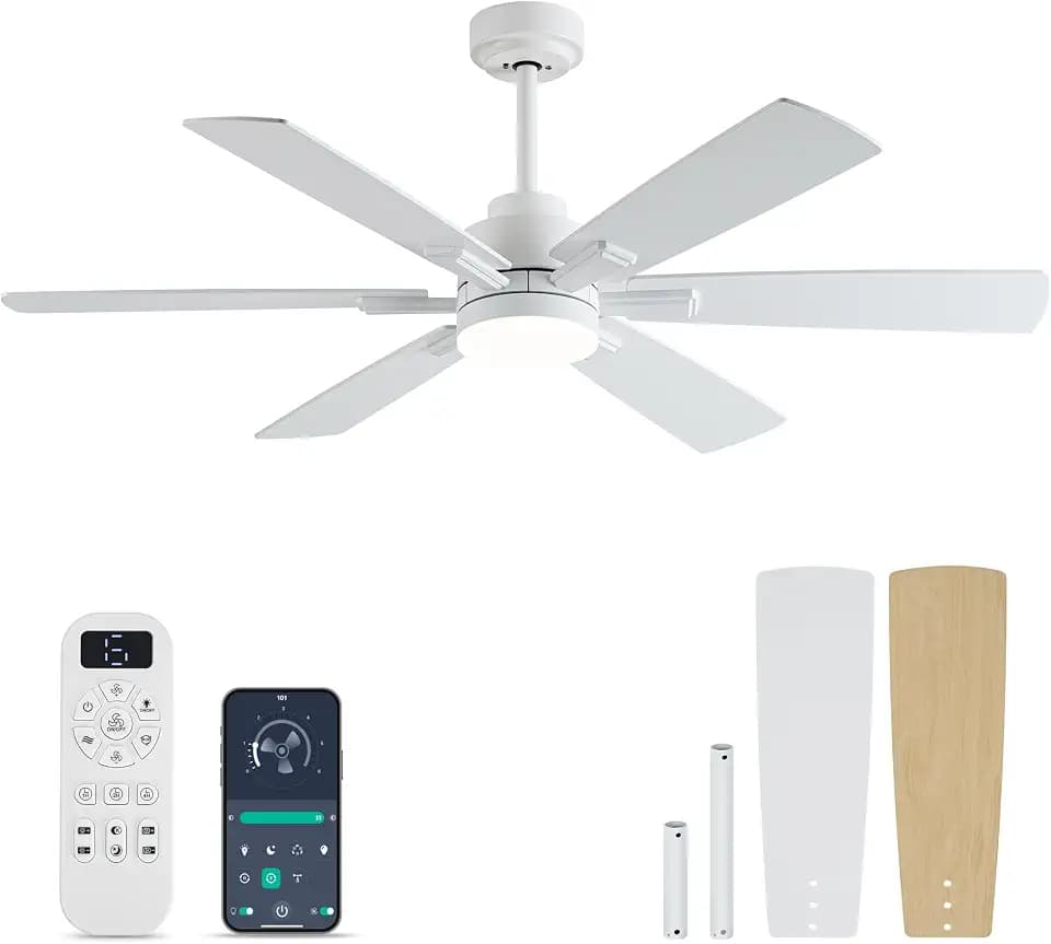 OURSTAR Ceiling Fans with Lights and Remote Control, White Ceiling Fan with Light 3-Color LED Dimmable, Memory for Lighting and Fan Reversible, 6-Speed, Timer, Indoor/Outdoor Use, 52 Inch