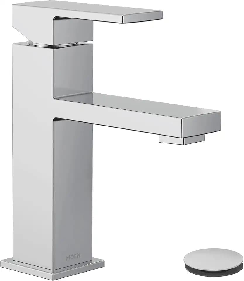 Moen Revyl Chrome One-Handle Single Hole Modern Bathroom Sink Faucet with Optional Deckplate and Spring Loaded Drain Assembly, 84771