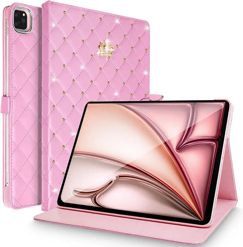 Changjia for iPad Air 11 Inch Case M4(2026)/M3 (2025)/M2 (2024), iPad Air 5th/4th Gen (2022/2020) 10.9 Inch,Girly Cute Crown Diamond Elegant PU Leather Smart Auto Sleep/Wake Stand Protective Case,Pink