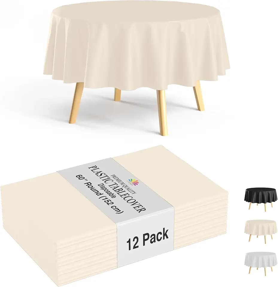 Party Solids 12-Pack Ivory Round Plastic Tablecloth Disposable – Size: 60 Inches – Round Plastic Table Cloths for Parties, Picnics & Formal Events