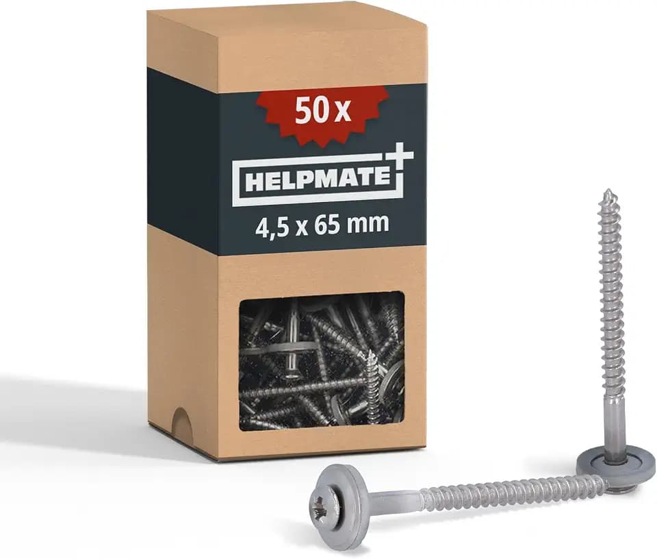 HELPMATE – Spenglerschrauben 4,5x65 mm – Edelstahl A2 – 50 Stück | Nach DIN 7995 – korrosionsgeschützt – PZ2 Antrieb – Dachdeckerschrauben mit Linsenkopf, Tellerscheibe, EPDM‑Dichtung – Silber