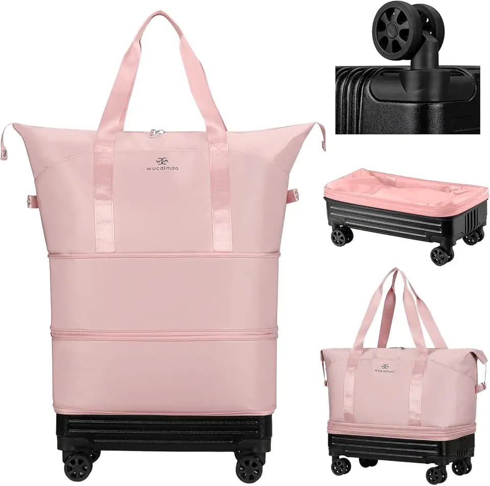 Duffle Bag with Wheels,Foldable Duffle Bag for Travel,Large Suitcases with Wheels,Foldable Travel Bags,Expandable Luggage,Carry on Luggage for Women Men (Pink)
