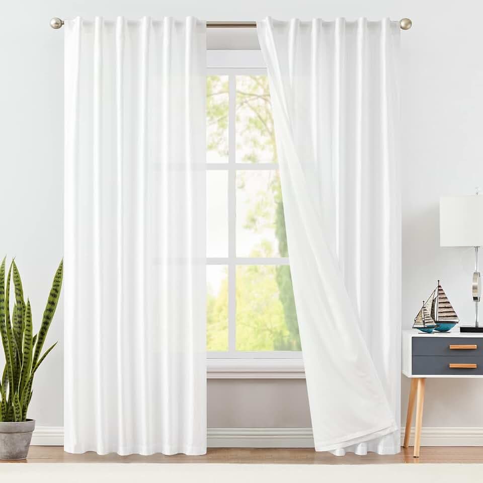 jinchan White Lined Curtains Faux Silk Curtains for Living Room 84 Inch Long Dupioni Curtains Bedroom Dining Room Light Filtering Semi Sheer Curtains Rod Pocket Window Curtain Set 2 Panels