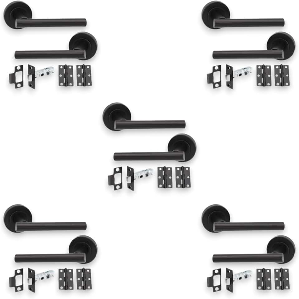 Infinity Decor Türgriffe mit Rohrriegel und Scharnieren, mattschwarz, T-Stange, Türgriffe für Innen- und Außentüren, 5 Paar