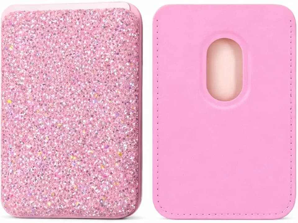 ELYANORE NEW Luxury Glitter Crystal Diamonds Leather Wallet Card Holder Magnetic for Magsafe IPhone Telephone Bracket Small Credit for Women Girls (Rose Radiance)