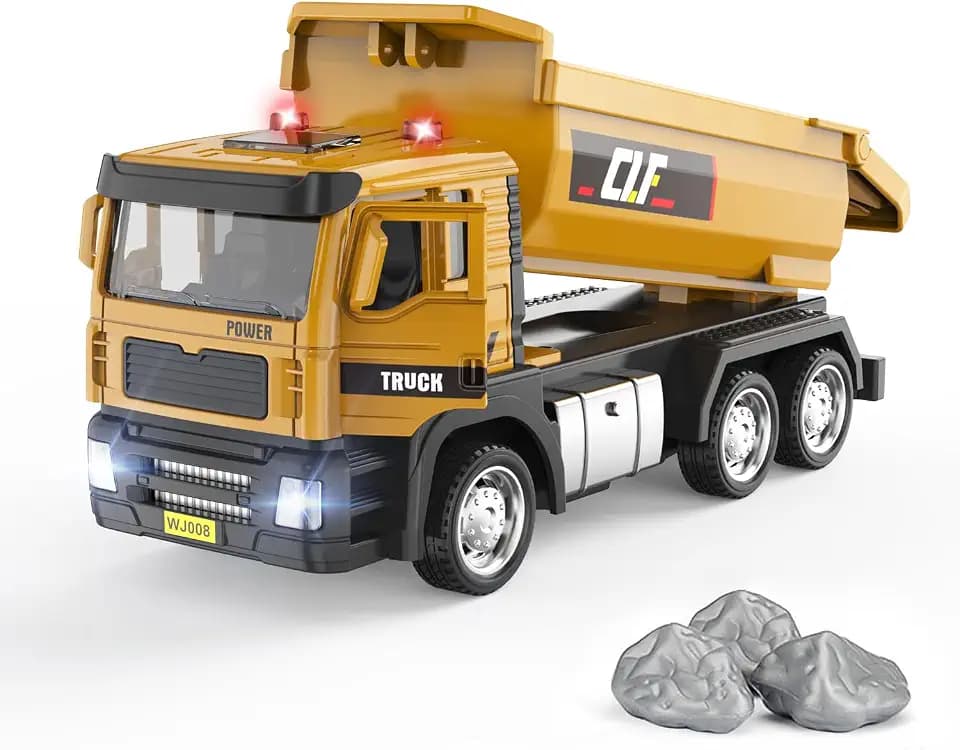 1:50 Die-Cast Dump Truck Toy, Pull-Back with Lights & Sounds, Opening Doors & Tiltable Dump Bed, with Simulated Rocks, for Kids 3-9