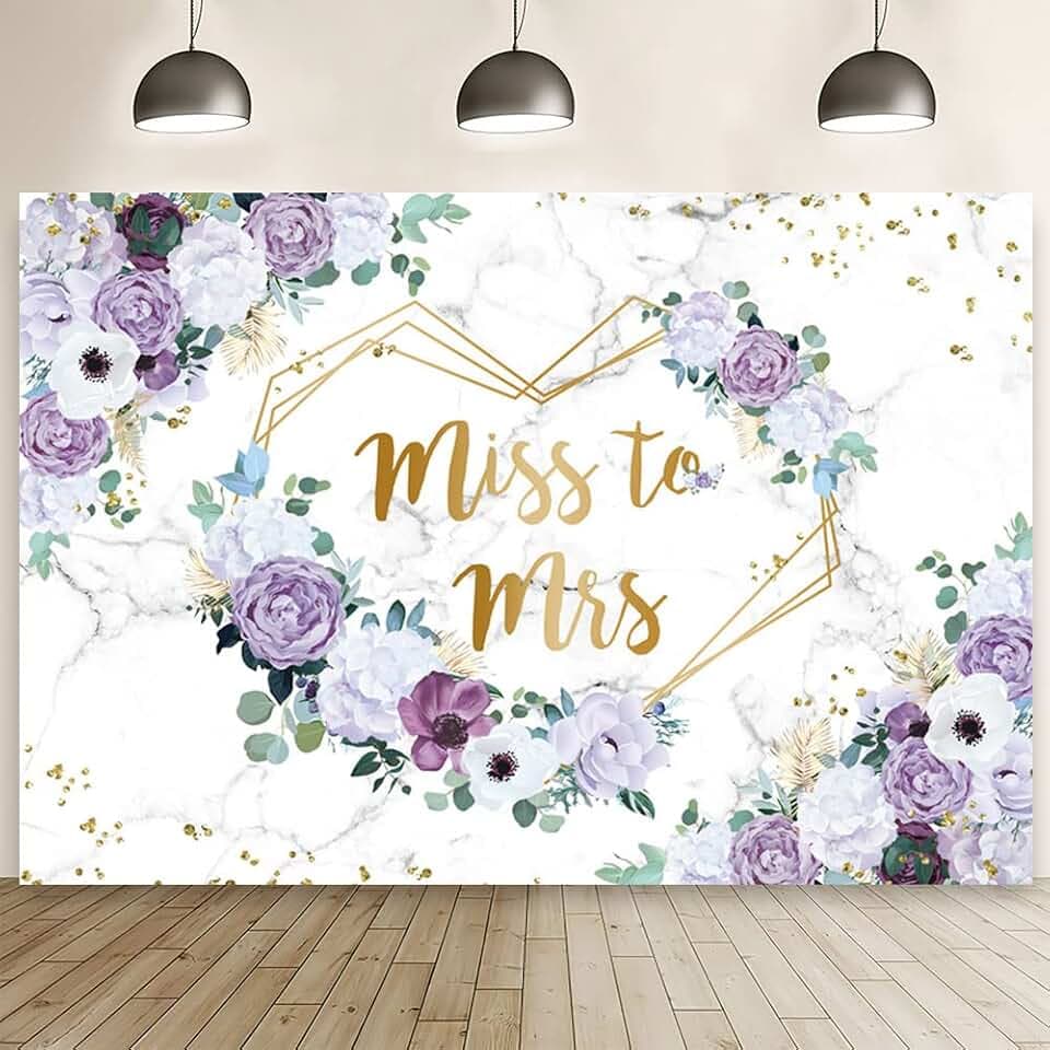 AIBIIN 7x5ft Miss to Mrs Floral Backdrop for Bridal Shower Violet Purple Flowers Photography Background Gold Hearts Geometric Couple Wedding Party Decorations Bride to Be Engagement Banner Props