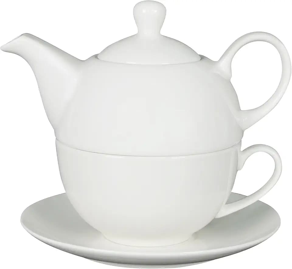 LIVELLO Tea for One Set Porzellan Weiß, Teekanne mit Tasse 3-teilig, Kanne 400 ml, Tasse 250 ml und Untertasse, stapelbares Teeservice, spülmaschinengeeignet, Geschenkidee