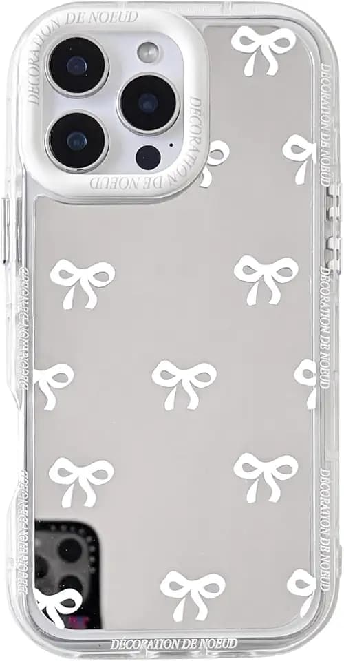 NITITOP Kompatibel mit iPhone 16 Pro Hülle Bow Schleife Spiegel Süßes Muster Glitzernd Mädchen Frau Farbiges Design der Linsenblende Stoßfeste Glänzende Handyhülle - Weiß Bogenknoten