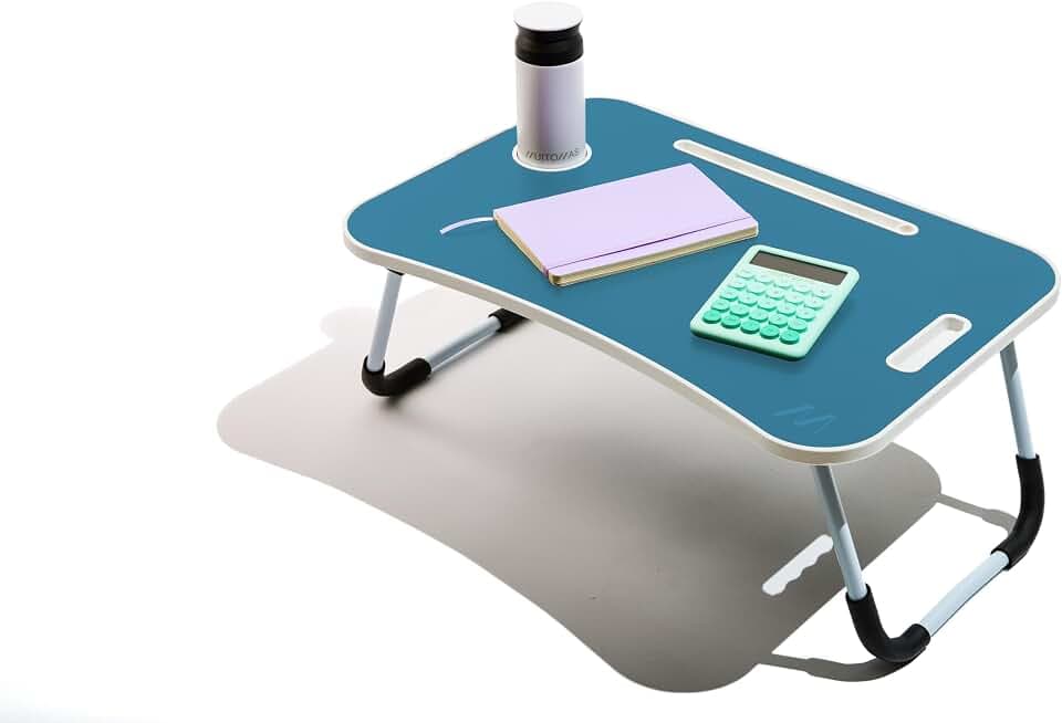 Smart Working Klapptisch aus Kunststoff und Metall, zusammenklappbar mit Getränkehalter und Tablet-Ständer, für Bett und Sofa, 60 x 40 x 30 cm, Blaugrün