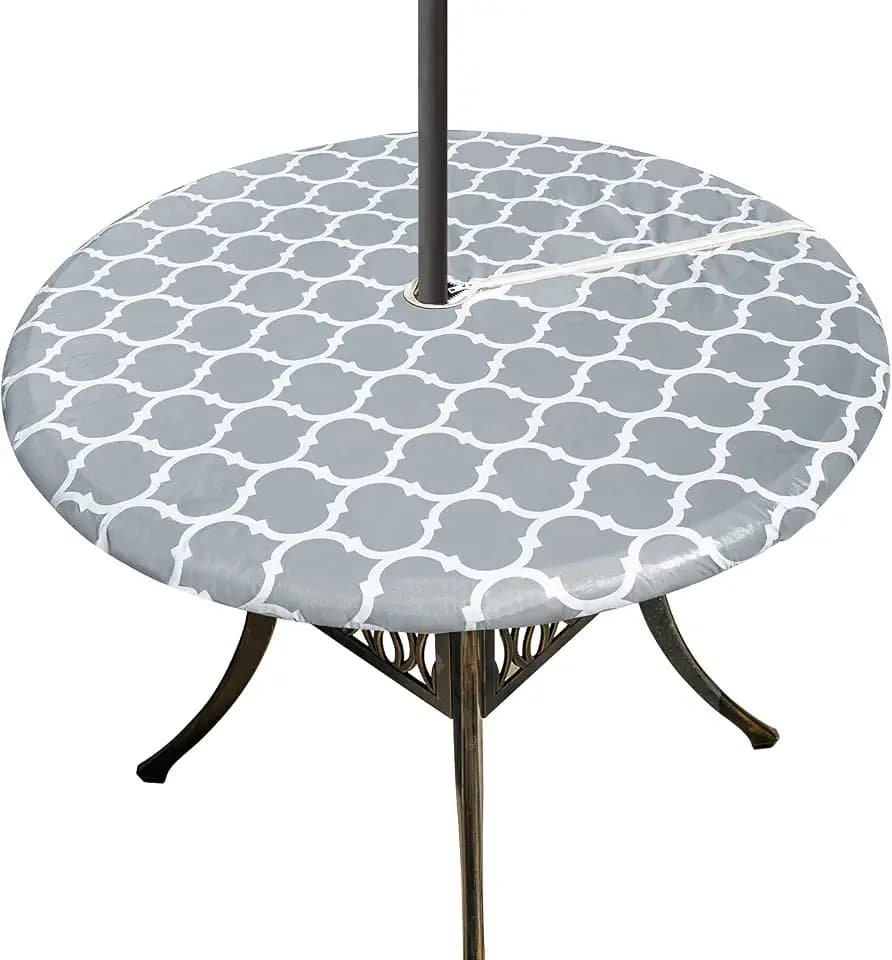 Round Outdoor Tablecloth with Umbrella Hole, Vinyl Patio Table Cover with Zipper 100% Waterproof Wipe Clean PVC for Party Picnic, 40" - 44", Grey Moroccan