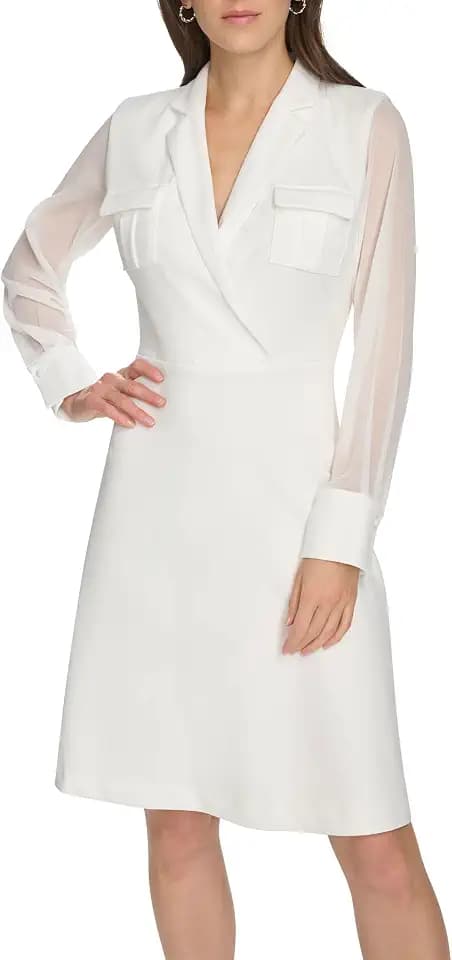Calvin Klein Women's Long Chiffon Sleeve Collared Surplice Neck Crepe Mini Dress