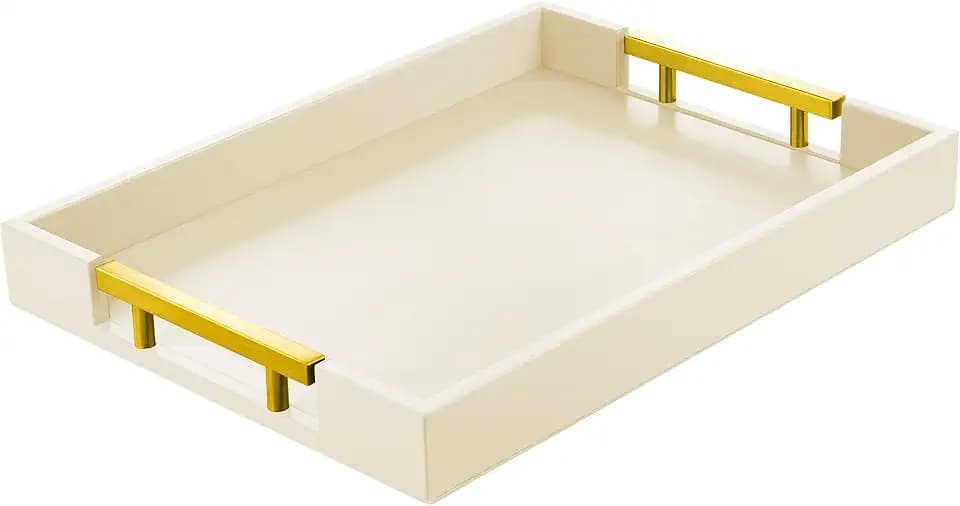 ATZYmolin Leather Serving Tray, Gold Handles Vanity Platter, Beige