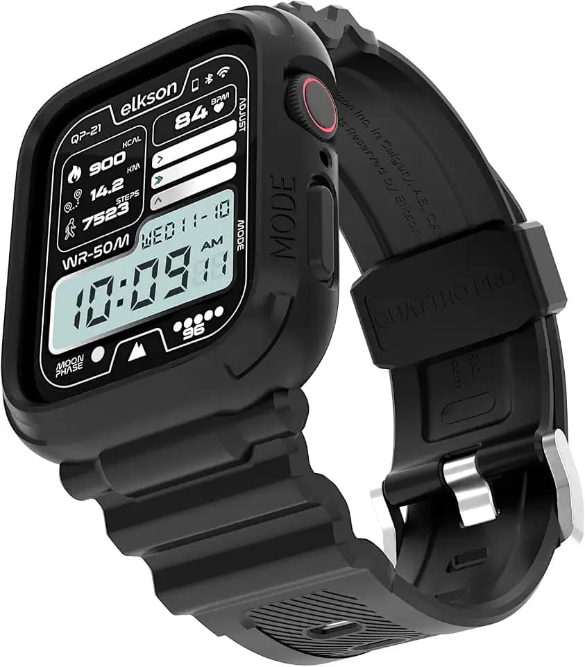 Elkson Designed for Apple Watch Series SE3 9/8/7/6/5/4 [45/44mm], Quattro Pro Series Rugged Military Grade Protective Bumper Case with Strap Bands for iWatch