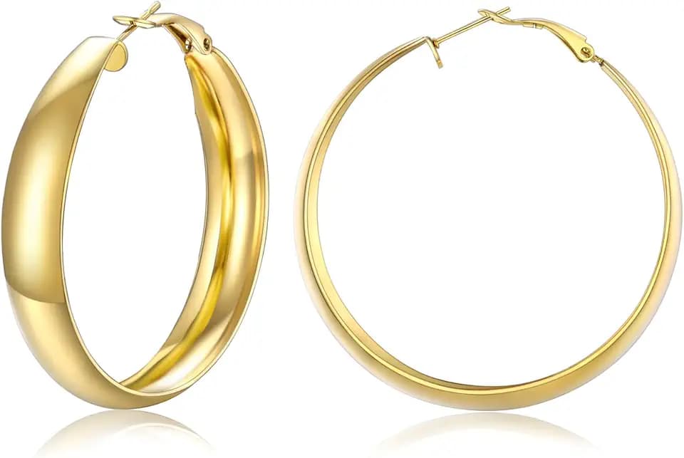 FOCALOOK Chunky Hoop Earrings for Women, 14K Gold Plated Large Wide Hoops