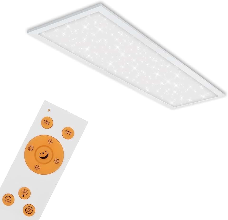 BRILONER - LED Deckenlampe flach mit Sternenhimmel, einstellbar von warmweiß bis kaltweiß, dimmbar, Fernbedienung, Lampe, Deckenleuchte, Wohnzimmerlampe, LED Panel, 100x25x6,5 cm, Weiß