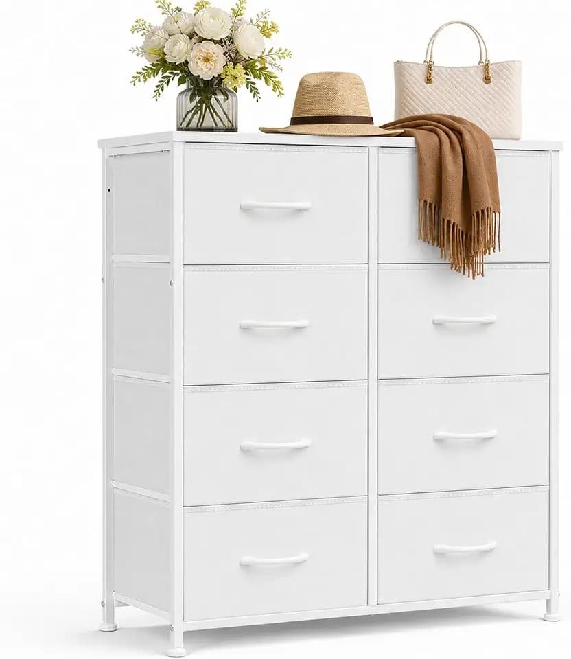 DUMOS Kommode mit Schubladen - Kommoden & Sideboards für Schlafzimmer Geeignet, Komodenschrank mit 8 Schubladen, Stoffkommode mit Stahlrahmen, Schrank Klein, Ideal für Flur, Wohnzimmer (Weiß)