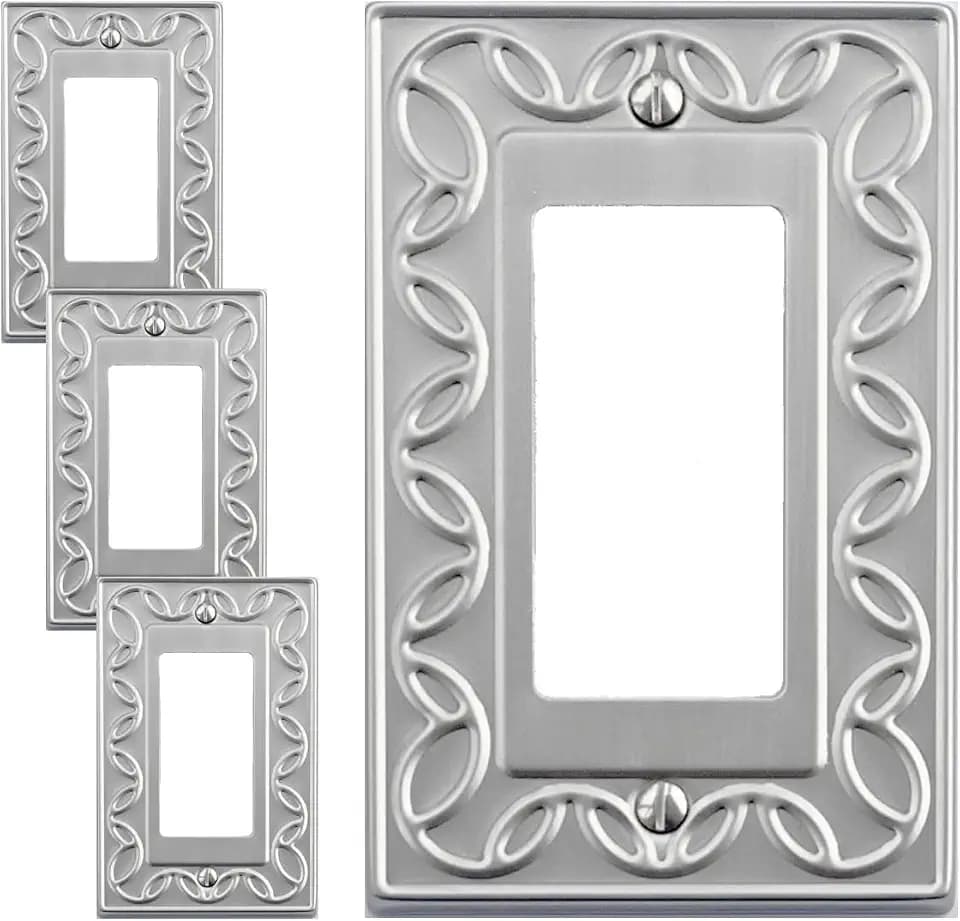 OKAWYC Single Decorator Light Switch Cover Plate, 4-Pack Brushed Nickel NovaBloom Metal Wall Plate 1 Gang Single Rocker, for Receptacle Dimmer Switch GFCI Outlet Wallplate, Durable