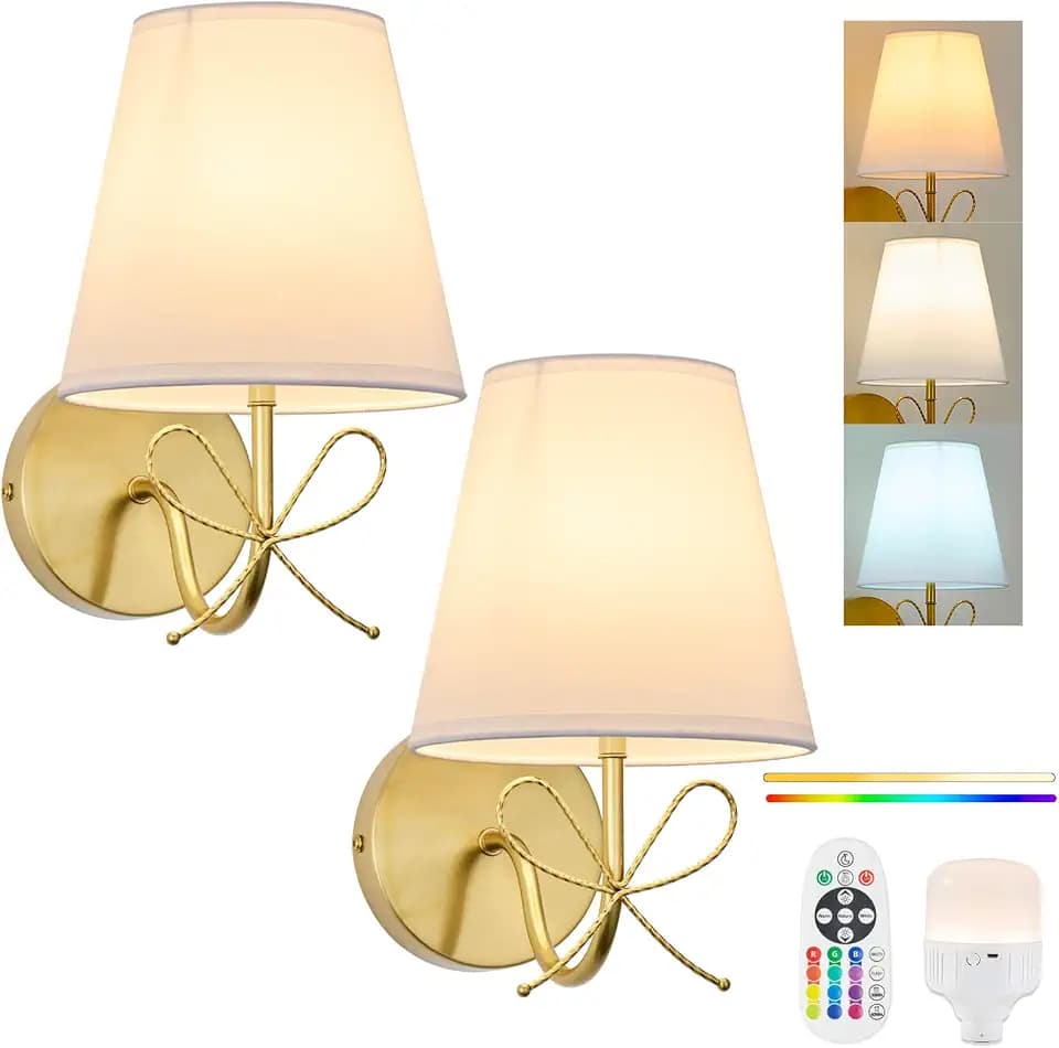 PASSICA DECOR Bow Wireless Battery Operated Wall Sconce Set of 2, Rechargeable Dimmable LED Lights 2×6500mAh with 15 Colors,Remote Control,Bow Lamp for Girls Rooms,Bedroom Living Room