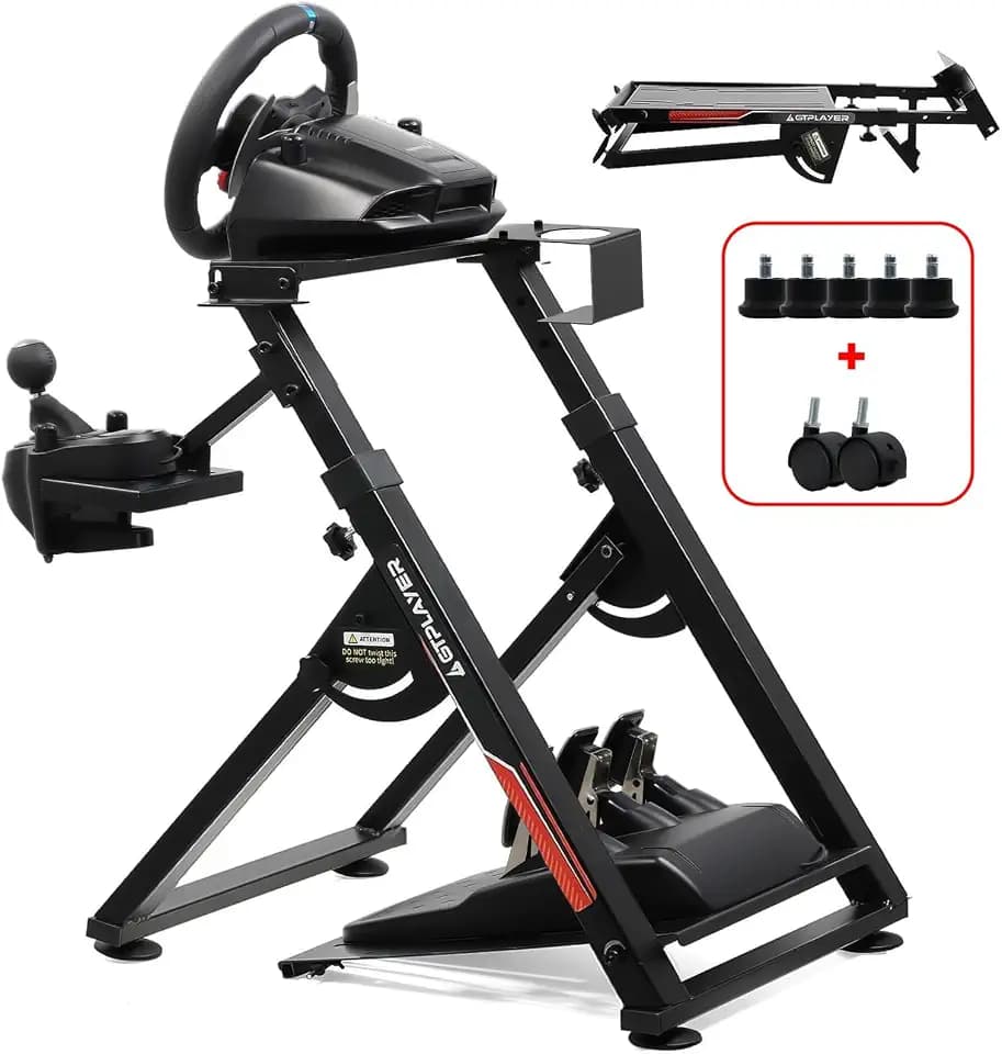 GTPLAYER Sim Racing Wheel Stand Simulator Cockpit Wheel Stand fit for Logitech G25 G27 G29 G920 G923 Thrustmaster T330TS Gaming Stand Wheel Pedals NOT Included, Deep Black With Cup Holder