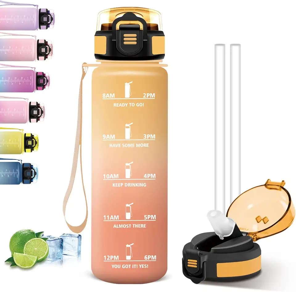 Trinkflasche 1l, Trinkflasche Sport, Breite Öffnung, Wasserflasche mit Strohhalm, mit Motivierendem Slogan, Wasserflasche Auslaufsicher, Flasche für Workout, Strand, Camping & Wandern