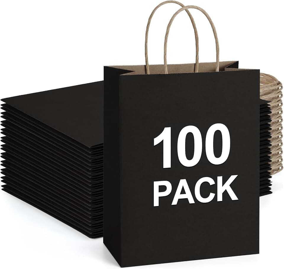 BagDream Recyclable Kraft Paper Gift Bag, 8x4.25x10.5 Inches, 100Pcs, Black, with Handles, Bulk, FSC Compliant, Multipurpose
