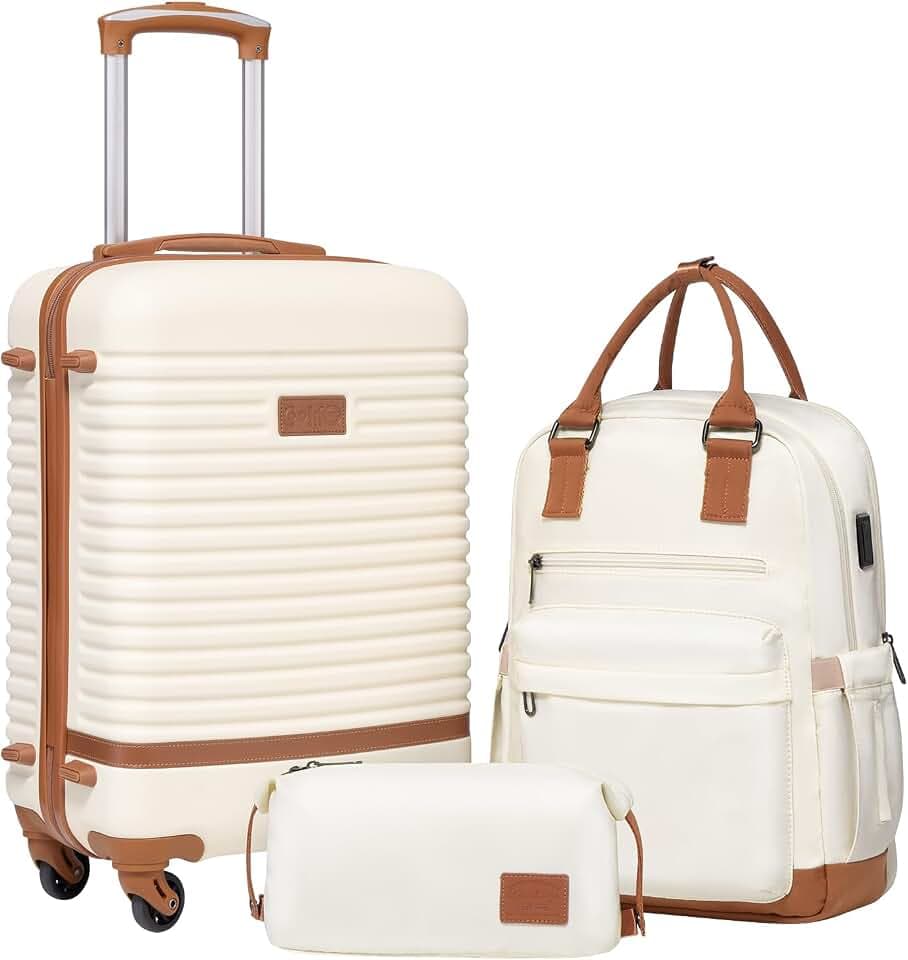 Coolife Luggage Set Carry On Suitcase,3 piece, White(BP/TB/20)