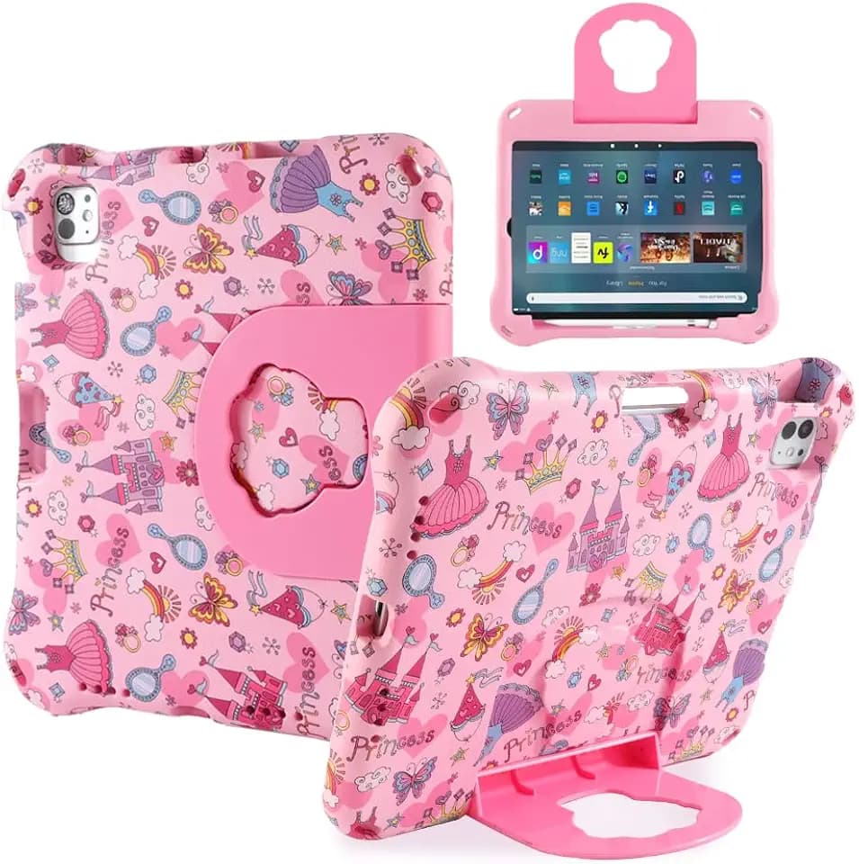 iPad Pro 11 Tablet Case for Kids, FW Princess Case for Boy Girl 4th 5th Gen 2024 Light EVA Kid-Proof With Stand Handle Shockproof Durable Full Cover Pink