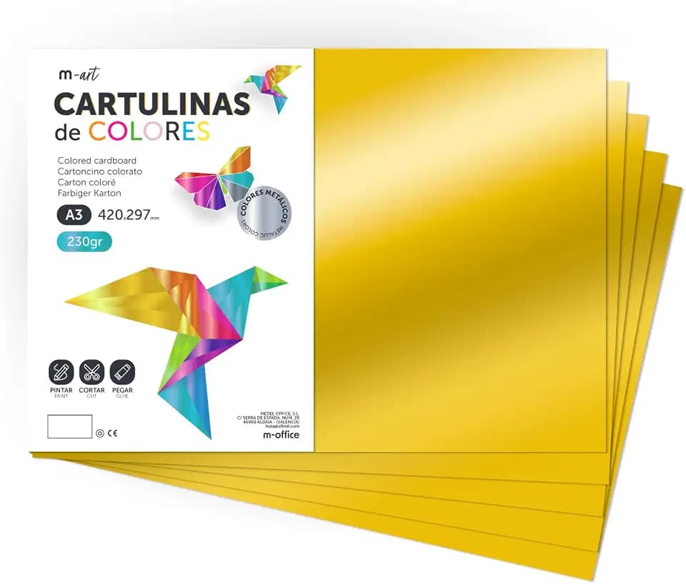 Carton Métallisé Couleur A3, 230 g/m², Feuilles Cartonnées Grandes, Carton de Couleur pour Loisirs Créatifs, Projets Artistiques et Décorations, Effet Brillant · m-office (25 feuilles, Gold)