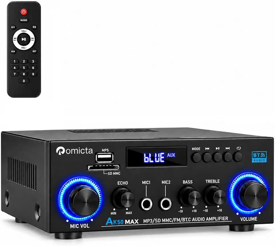 Romicta AK50MAX Stereo Audio Amplifier, Home Audio Stereo Receiver Bluetooth 5.0 with 400W 2.0 Channel FM Radio, Echo, USB, SD Card, AUX with Remote Control Home Theater Audio Stereo System