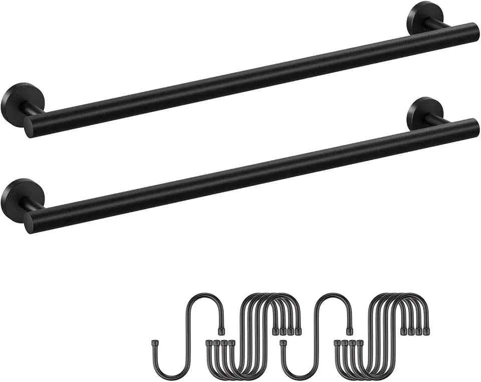 2 Pieces Matte Black Towel Racks for Bathroom, with 10 PCS Hooks, 24'' SUS304 Stainless Steel Towel Bar for Bathroom Wall Mounted, Double Towel Racks for Bath,Kitchen, Laundry Room