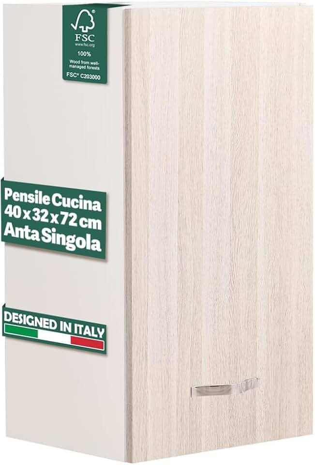 Shally Dogan Wand-Küchenschrank, Hängeschrank aus Holz mit einzelner Tür, 1 Einlegeboden und 2 Fächer, geräumiger und robuster Wandschrank, Maße 40 x 32 x 72 H cm (Ulme)