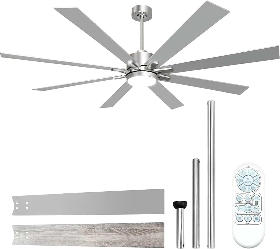 hykolity 62 Inch Modern Flush Mount Large Nickel Ceiling Fan with Light