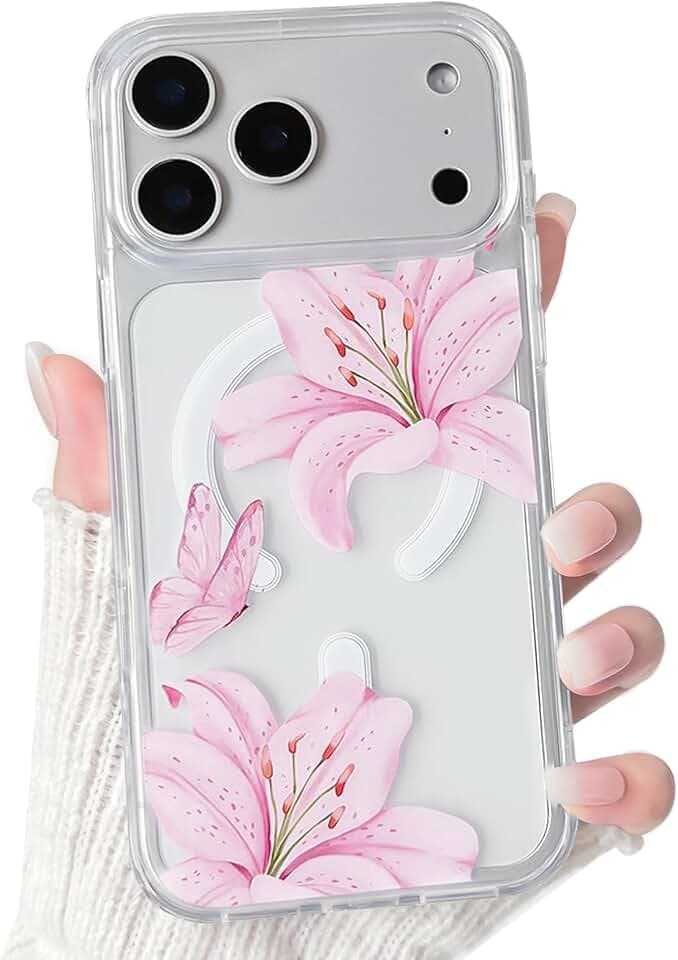 NITITOP Magnetic for iPhone 17 Pro Max Case Clear Flower - Pink