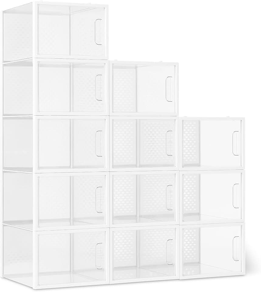 Amazon Basics Schuhaufbewahrungsbox, stapelbar und faltbar, groß, 12 Stück, Transparent