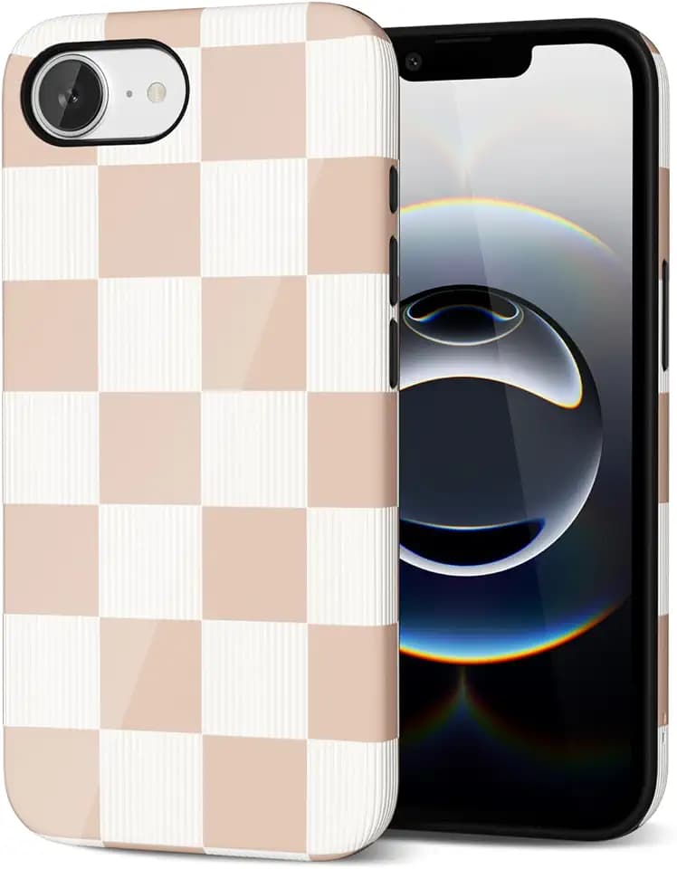 Svanove Checkered Phone Case for iPhone 17e 16e Case Plaid Lattice, Girly Cute Checkerboard Case for Women, Aesthetic Checker Print Design, Slim Thin Hard Shell Plastic Glossy Cover, Tan Brown White