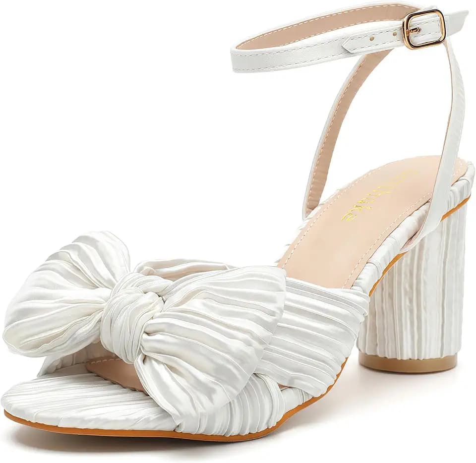 Women's Bow knot Heeled Sandals Pleated Bow Heels Ankle Strap Chunky Heels Wedding Bridal Party Dress Shoes