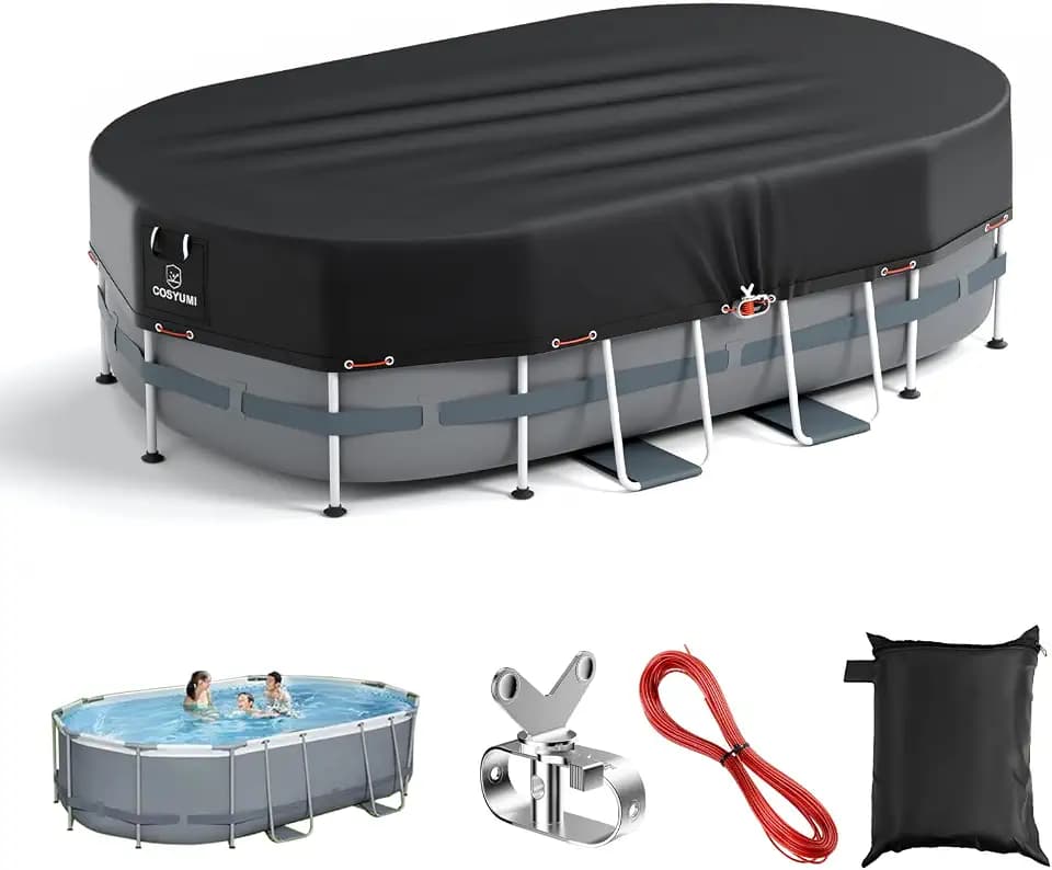 7x10 Ft Oval Pool Cover with Reflective Strips, 420D Oxford Fabric Above Ground Oval Pool Cover with Winch and Cable, One-Piece Tear Resistant, UV Resistant, Weatherproof and Dustproof