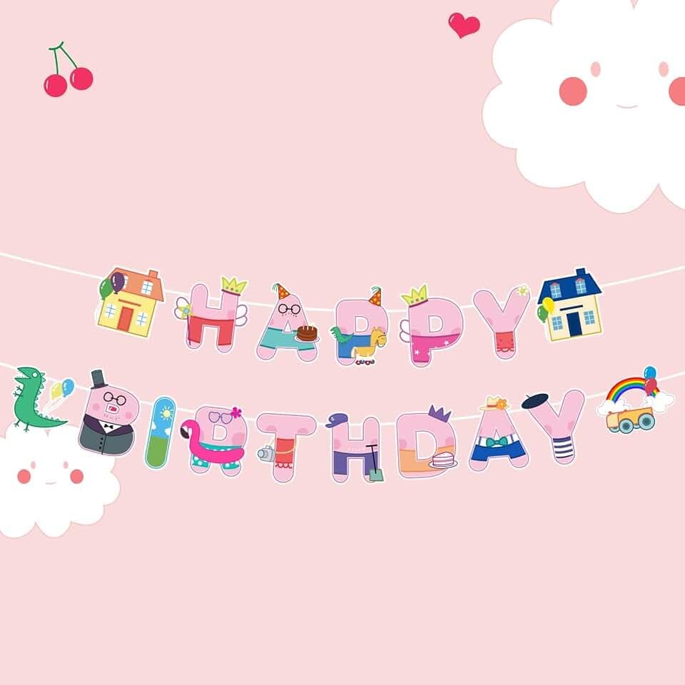 Pink Pig Birthday Banner, 2 Pcs Catoon Happy Birthday Banner Set, Animal Theme Party Decorations for Kids, Pink Party Decorations for Girls Boys