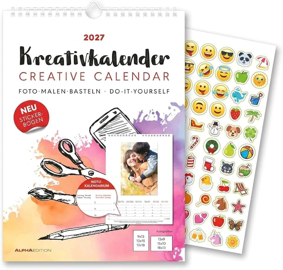 Kreativkalender A4 Notiz 2027: Bastelkalender 21x29,7 cm mit weißem Hintergrund, Stickerbogen, Platz für Notizen, echtem Bastelkarton und gestaltbarem Titelblatt