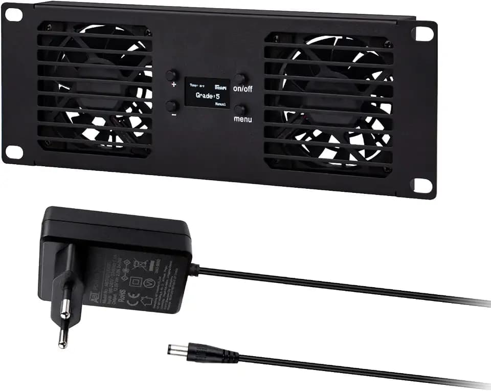 GeeekPi 10-Zoll 2U Rackmontage Dual-Fan-Kühlpanel mit OLED-Display & 2 Stück 70-mm-Aktivlüfter für 10-Zoll-Mini-Server-Racks, kompatibel mit DeskPi RackMate T0/T1/T2/T0 Plus/T1 Plus/TL1