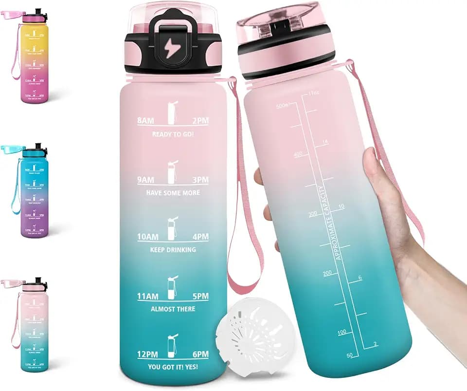 Motswedi Trinkflasche, 500ml BPA-Frei, Wasserflasche, Auslaufsicheres Schlossdesign, Trinkflaschen Auslaufsicher, Mit Zeitmarkierung, Kinder Trinkflasche für Schule, Alltag - Rosa&Türkis