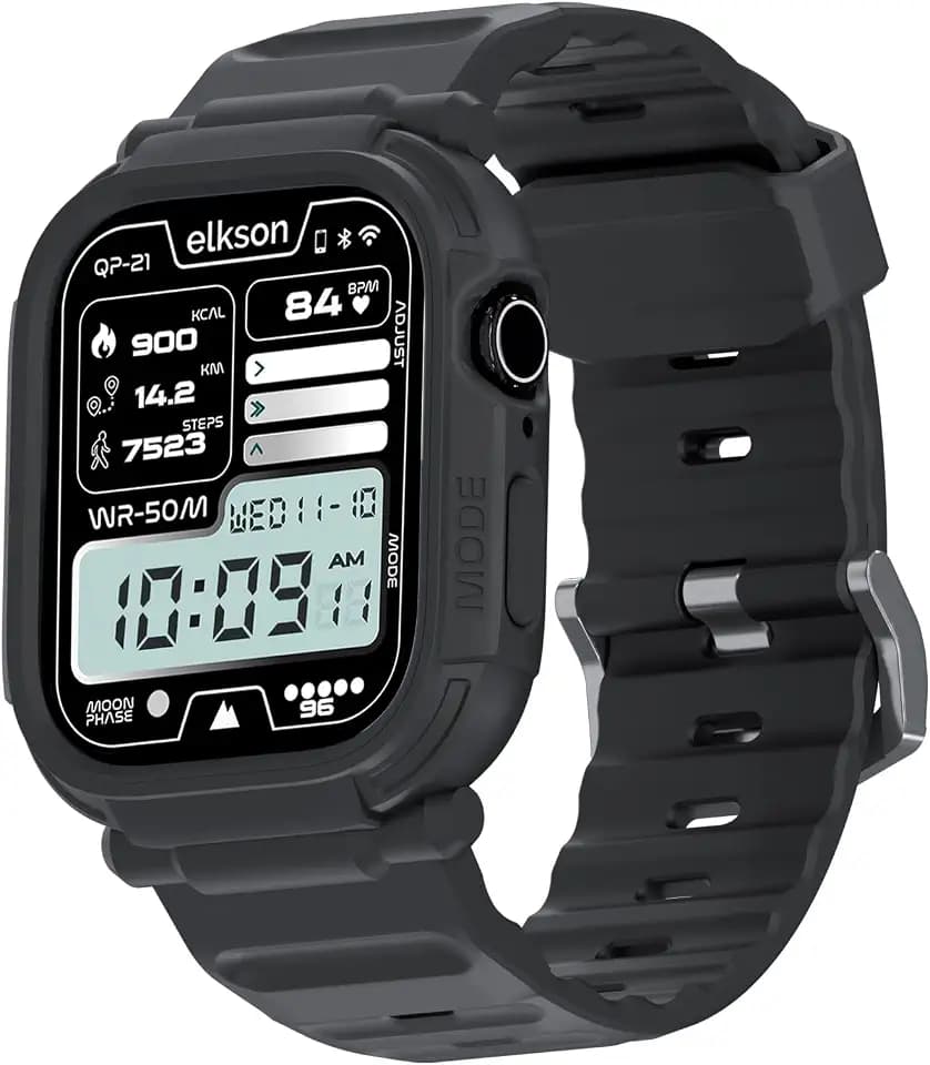 elkson 44mm/45mm Bands Case for Apple Watch Series SE3 9/8/7/6/5/4 SE, Rugged Heavy Duty Bumper Tactical Strap Quattro Pro for iWatch Men, Military Grade Durable Protective Shockproof Cover, Black