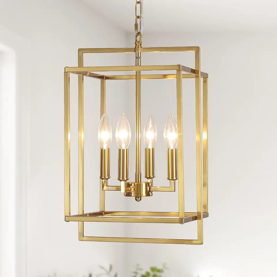 Gold Chandelier Dining Room Light Fixture Lantern Chandeliers Iron Farmhouse Pendant Light Rustic Rectangle Adjustable Height Modern Kitchen Light for Living Room Entryway