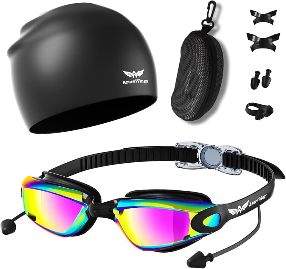 7 in 1 Swim Goggles and Cap for Men Women, Anti-Fog UV Protection, No Leak